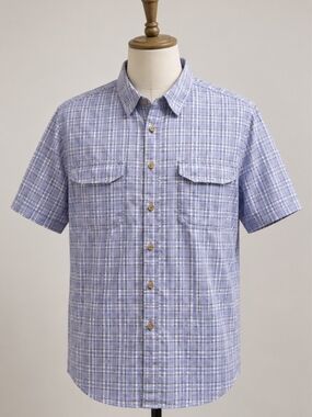 Duluth Womans Short-Sleeve Light Blue Plaid Button-Down Shirt